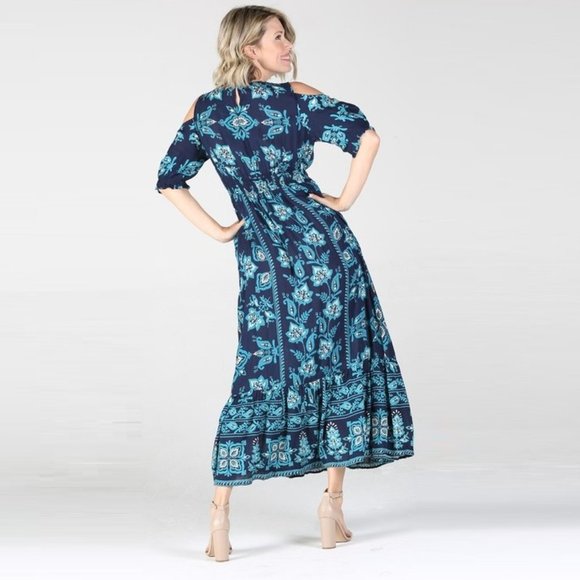 Nostalgia Cold Shoulder Floral Print Maxi Dress NWT • Navy • Scoop V-Neck • Boho - Picture 3 of 3